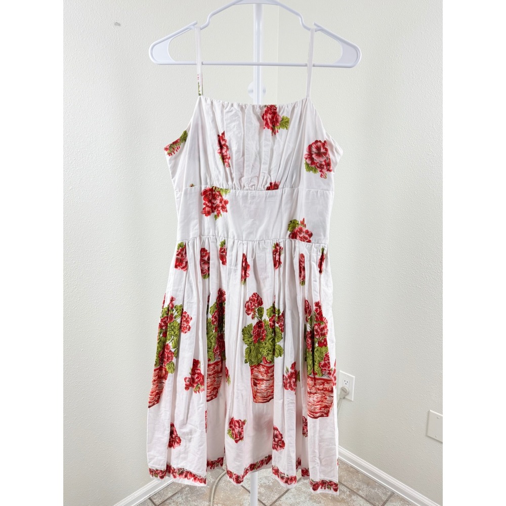 Retrospec'd Geranium Floral Flower Pot Print Fit and Flare Dress White Red US 10
